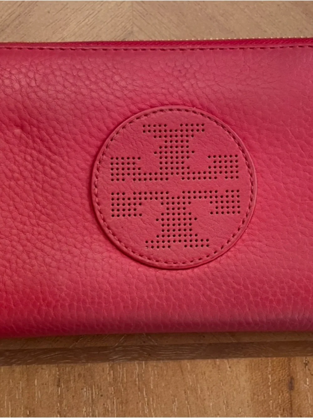 Tory Burch Coral-Red Pebbled Leather Zip Continental Wallet with Perforated Logo
